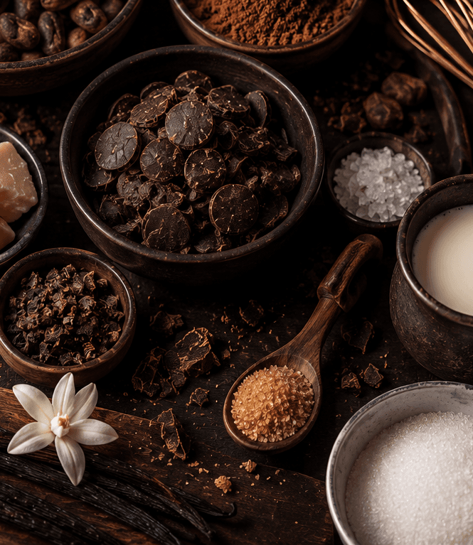 Chocolate-making ingredients — dark chocolate discs, cocoa, sugar, salt, vanilla and cocoa butter